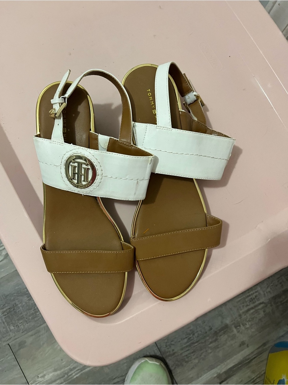 Tommy Hilfiger White and Brown Logo Strap Sandals for Women